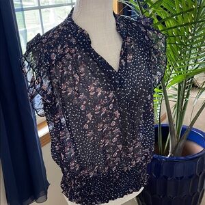 Joie Navy Floral Ruffle Blouse